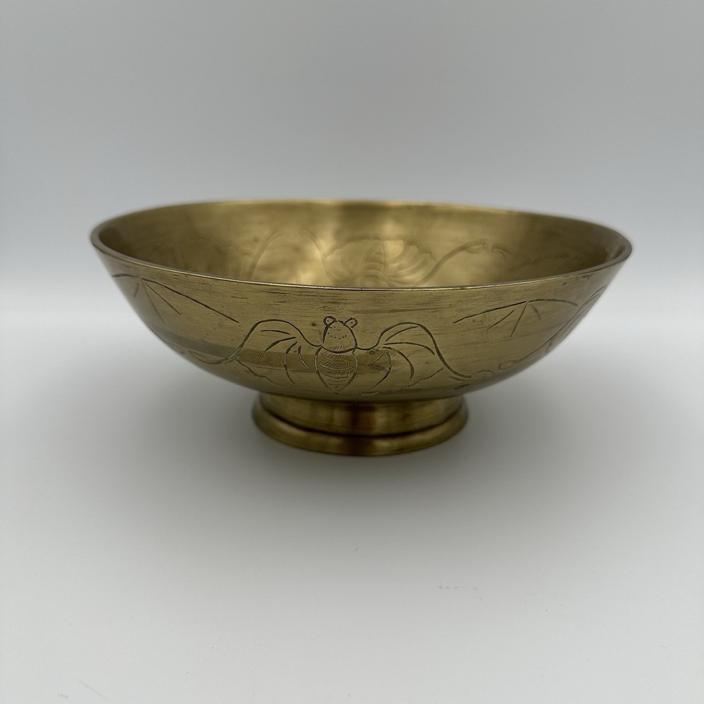 VINTAGE Solid Brass Footed Bowl Chinese‎ Etched Design 8" Diameter
